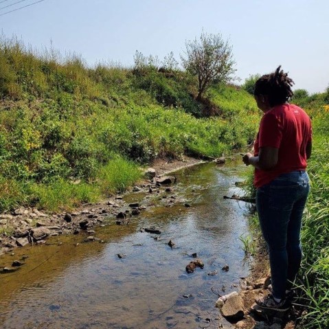 Student testing water at a stream